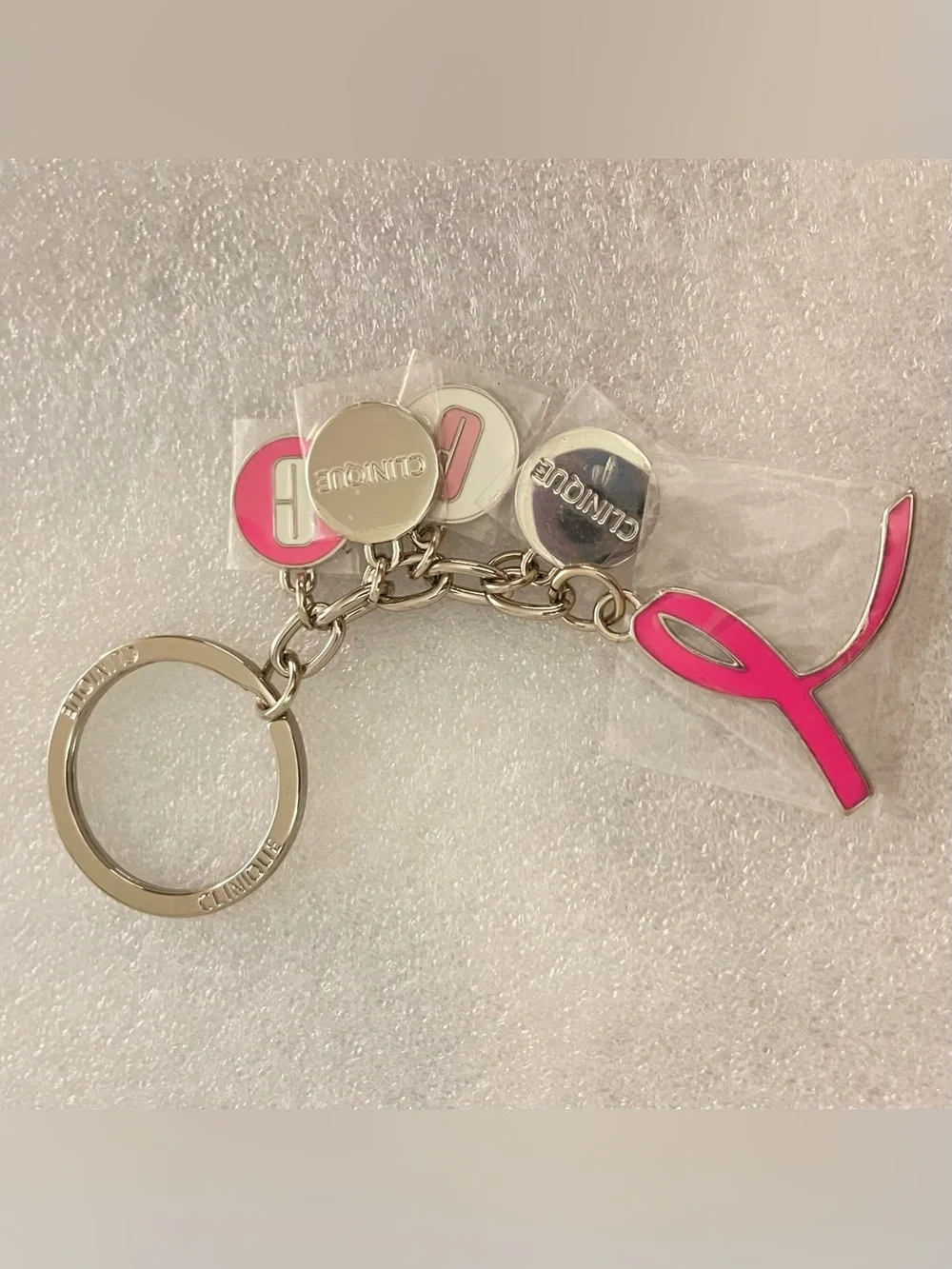 Clinique Key Chain Ring Breast Cancer Awareness Charms Pink Ribbon Silver Tone